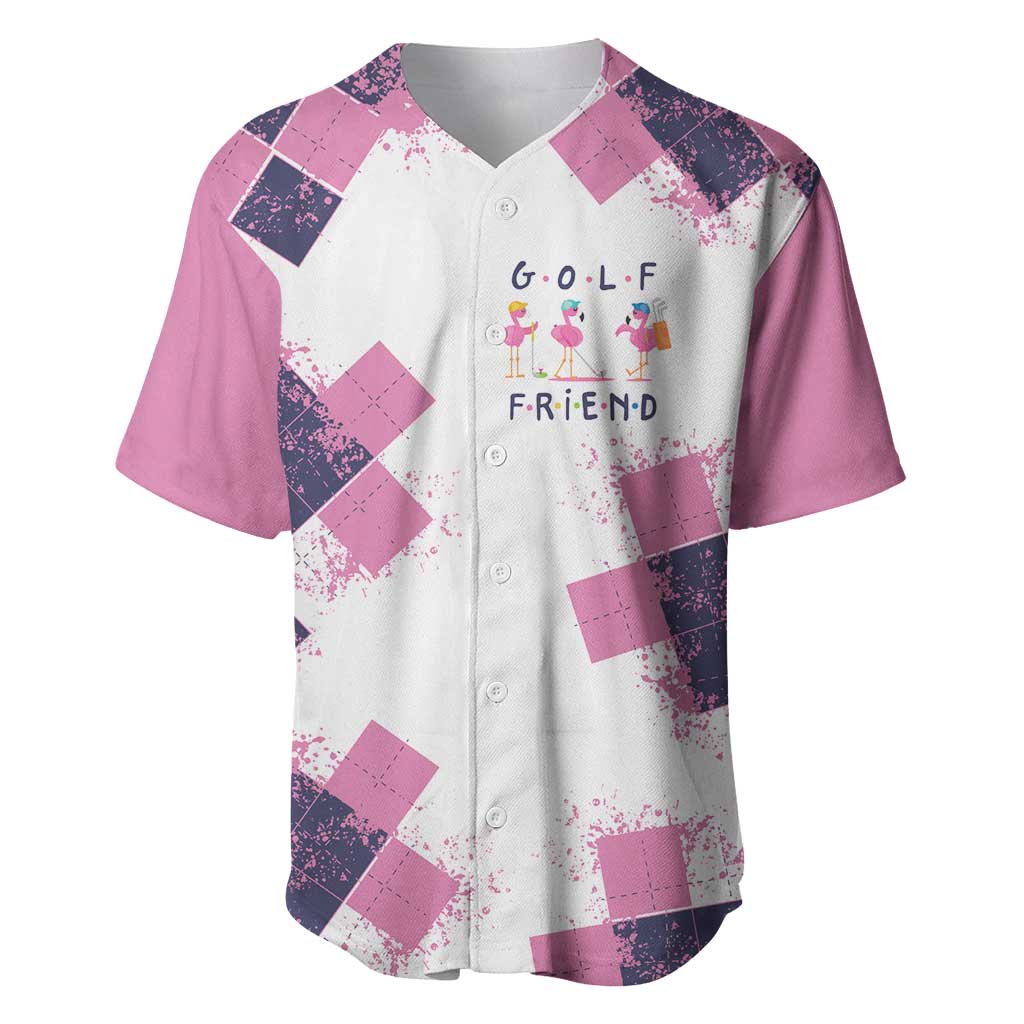 Golf Flamingo Friends Baseball Jersey Pink Argyle Pattern and Custom Name Text on White and Rose Color Block - Wonder Print Shop