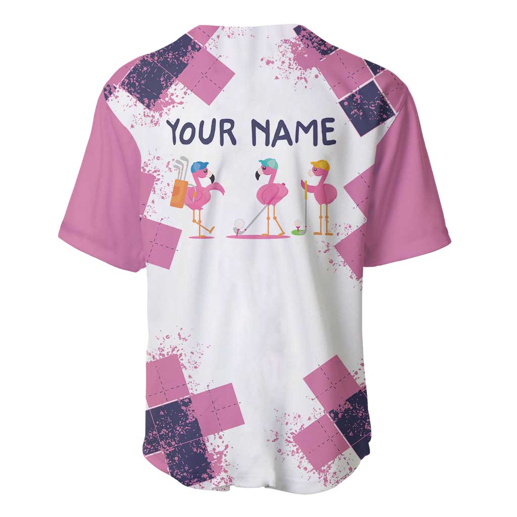 Golf Flamingo Friends Baseball Jersey Pink Argyle Pattern and Custom Name Text on White and Rose Color Block - Wonder Print Shop
