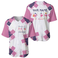Golf Flamingo Friends Baseball Jersey Pink Argyle Pattern and Custom Name Text on White and Rose Color Block - Wonder Print Shop