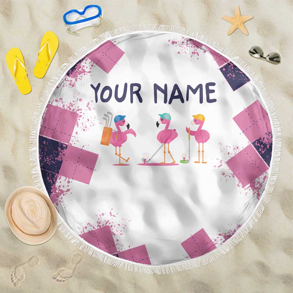 Golf Flamingo Friends Beach Blanket Pink Argyle Pattern and Custom Name Text on White and Rose Color Block - Wonder Print Shop