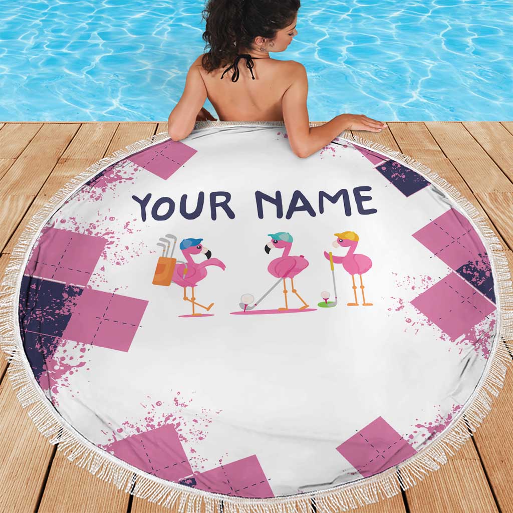 Golf Flamingo Friends Beach Blanket Pink Argyle Pattern and Custom Name Text on White and Rose Color Block - Wonder Print Shop