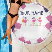 Golf Flamingo Friends Beach Blanket Pink Argyle Pattern and Custom Name Text on White and Rose Color Block - Wonder Print Shop