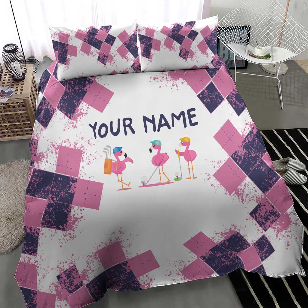 Golf Flamingo Friends Bedding Set Pink Argyle Pattern and Custom Name Text on White and Rose Color Block - Wonder Print Shop