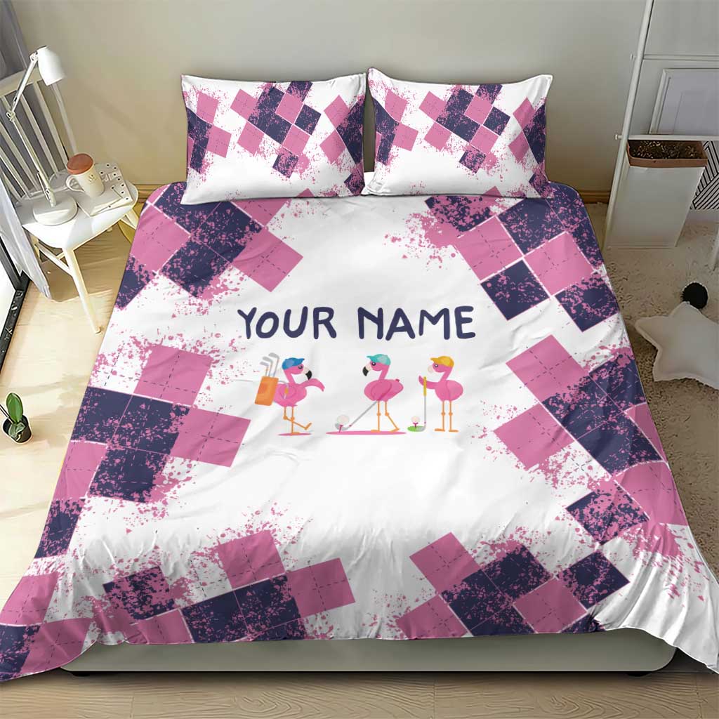 Golf Flamingo Friends Bedding Set Pink Argyle Pattern and Custom Name Text on White and Rose Color Block - Wonder Print Shop