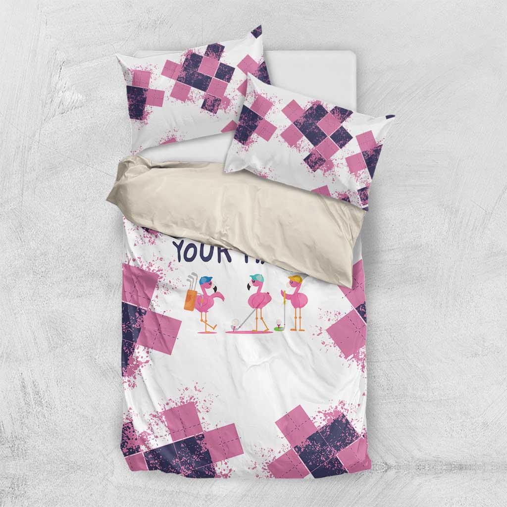 Golf Flamingo Friends Bedding Set Pink Argyle Pattern and Custom Name Text on White and Rose Color Block - Wonder Print Shop