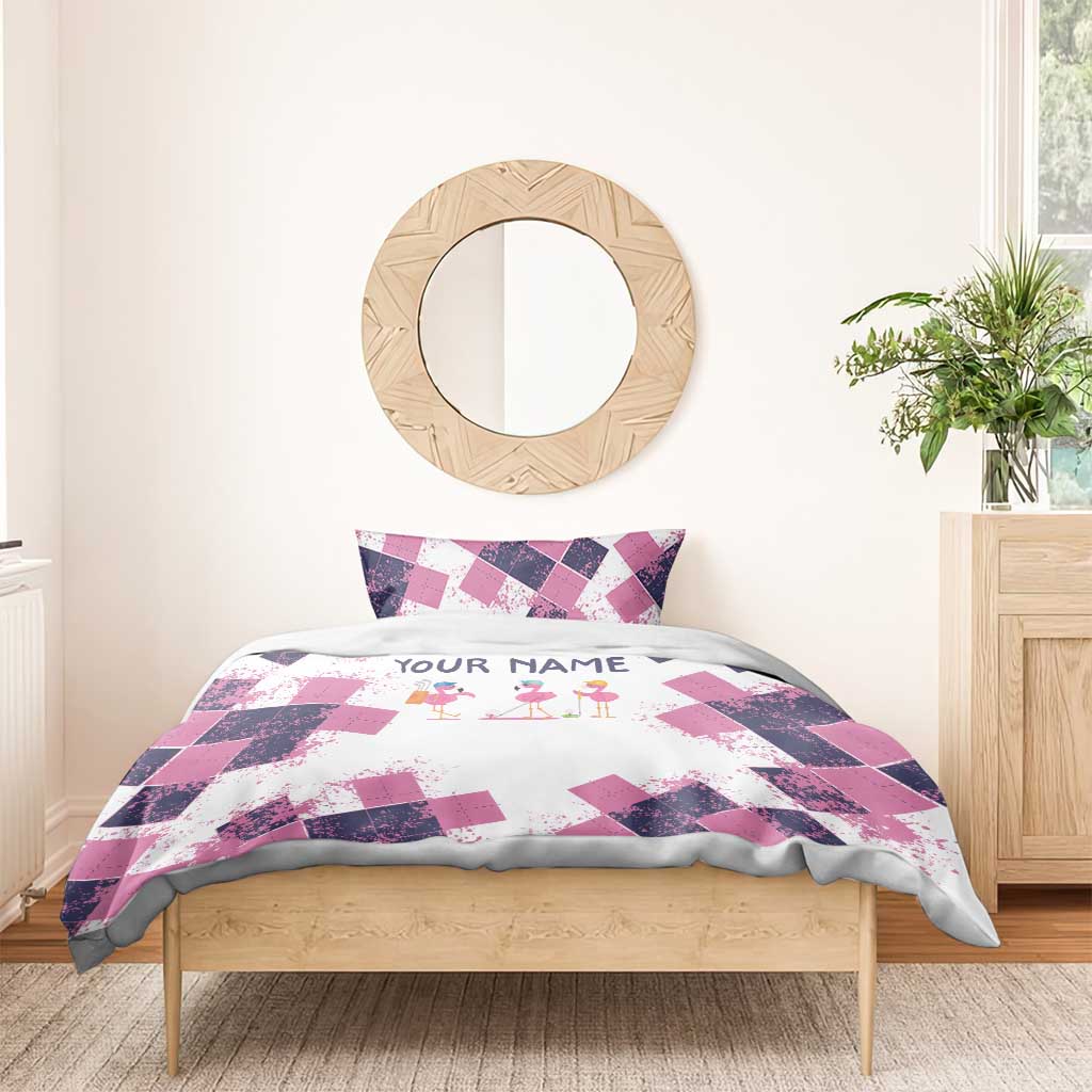 Golf Flamingo Friends Bedding Set Pink Argyle Pattern and Custom Name Text on White and Rose Color Block - Wonder Print Shop