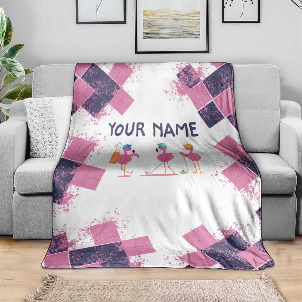 Golf Flamingo Friends Blanket Pink Argyle Pattern and Custom Name Text on White and Rose Color Block - Wonder Print Shop
