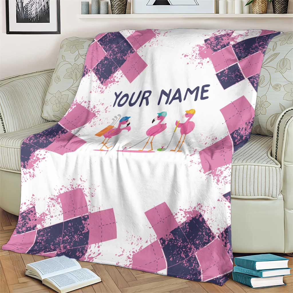 Golf Flamingo Friends Blanket Pink Argyle Pattern and Custom Name Text on White and Rose Color Block - Wonder Print Shop