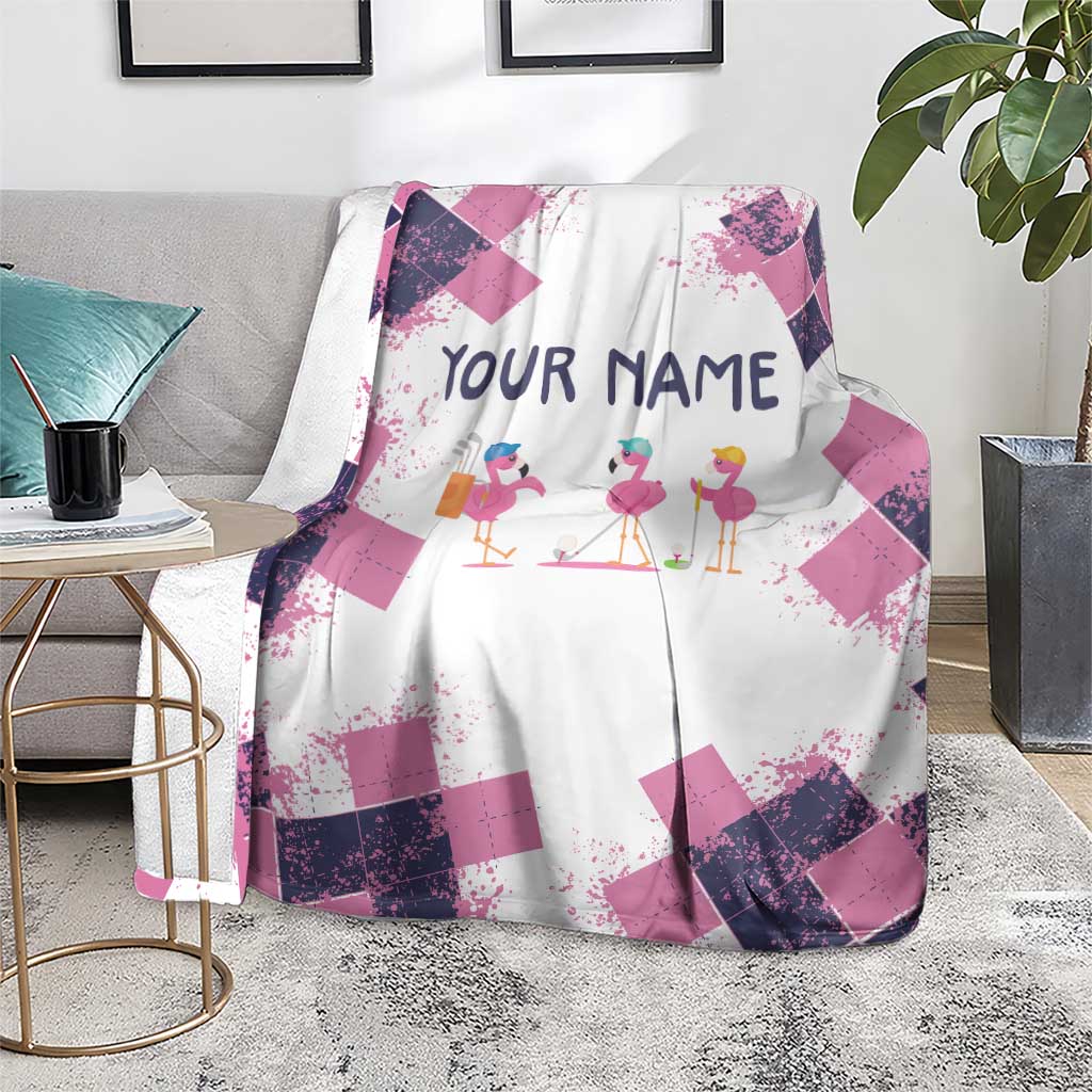 Golf Flamingo Friends Blanket Pink Argyle Pattern and Custom Name Text on White and Rose Color Block - Wonder Print Shop