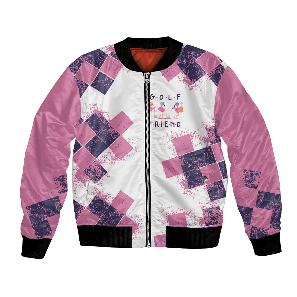 Golf Flamingo Friends Bomber Jacket Pink Argyle Pattern and Custom Name Text on White and Rose Color Block - Wonder Print Shop