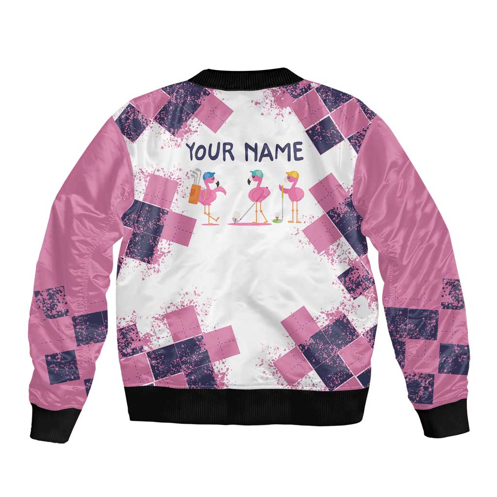 Golf Flamingo Friends Bomber Jacket Pink Argyle Pattern and Custom Name Text on White and Rose Color Block - Wonder Print Shop