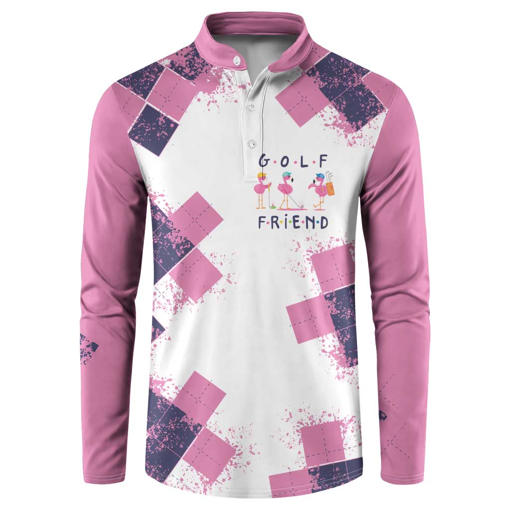 Golf Flamingo Friends Button Sweatshirt Pink Argyle Pattern and Custom Name Text on White and Rose Color Block - Wonder Print Shop