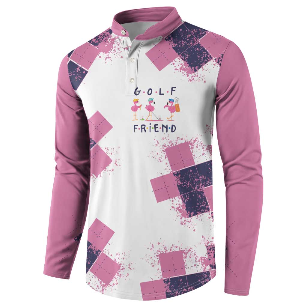 Golf Flamingo Friends Button Sweatshirt Pink Argyle Pattern and Custom Name Text on White and Rose Color Block - Wonder Print Shop