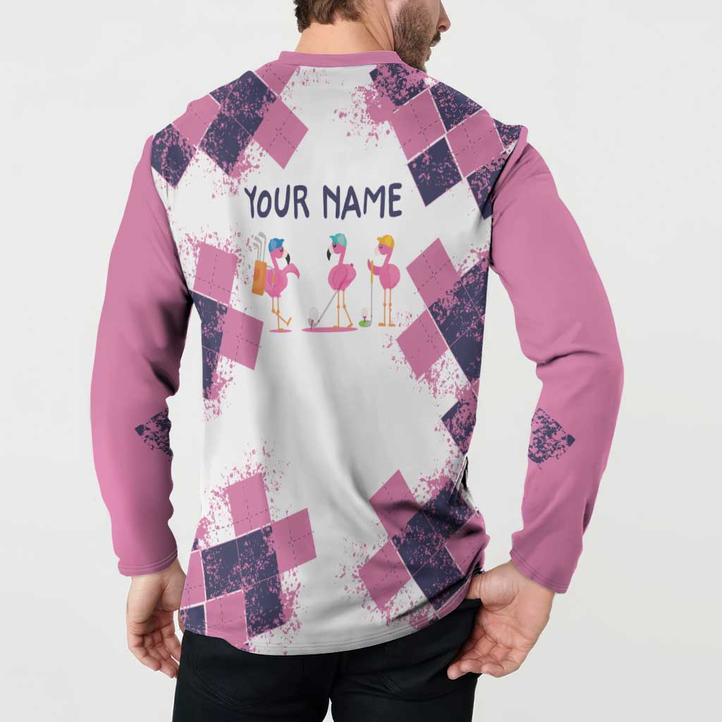 Golf Flamingo Friends Button Sweatshirt Pink Argyle Pattern and Custom Name Text on White and Rose Color Block - Wonder Print Shop