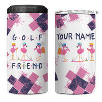 Golf Flamingo Friends 4 in 1 Can Cooler Tumbler Pink Argyle Pattern and Custom Name Text on White and Rose Color Block - Wonder Print Shop