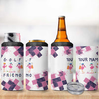 Golf Flamingo Friends 4 in 1 Can Cooler Tumbler Pink Argyle Pattern and Custom Name Text on White and Rose Color Block - Wonder Print Shop
