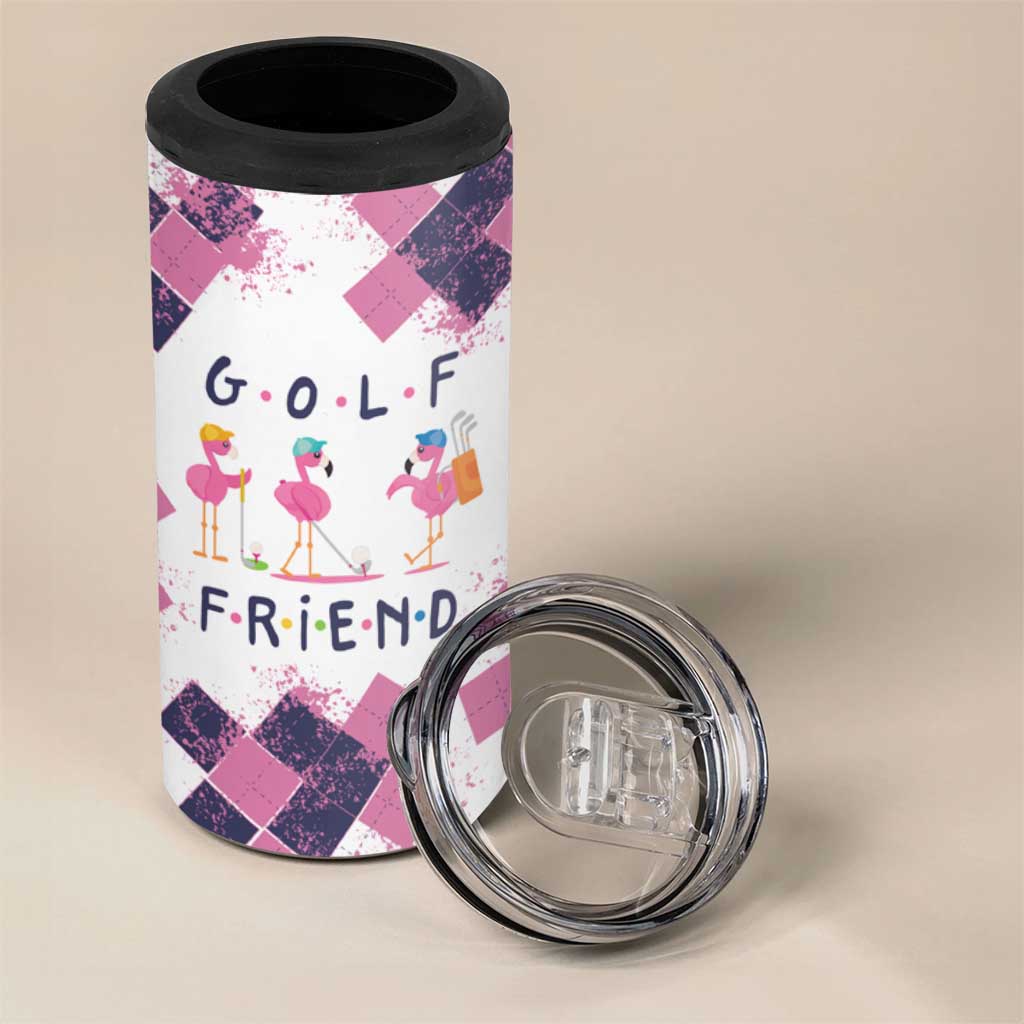 Golf Flamingo Friends 4 in 1 Can Cooler Tumbler Pink Argyle Pattern and Custom Name Text on White and Rose Color Block - Wonder Print Shop