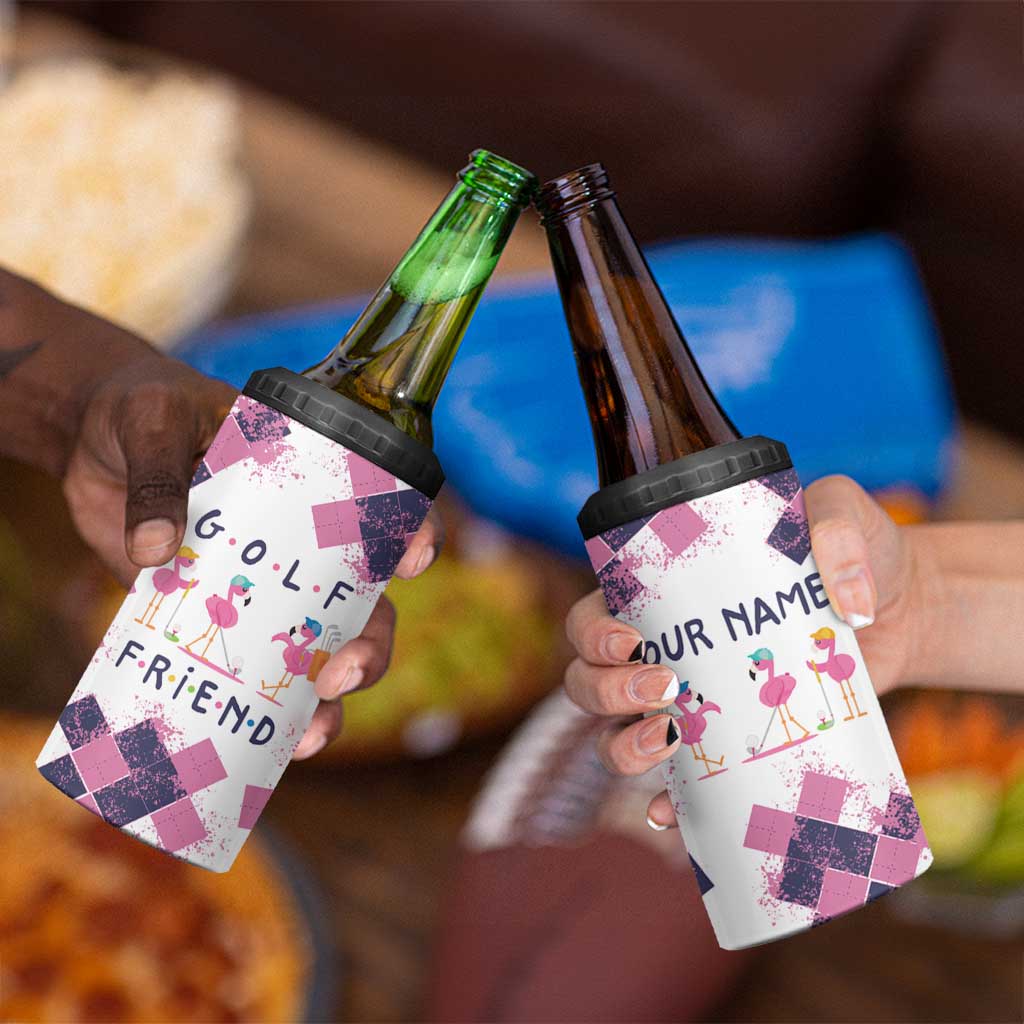 Golf Flamingo Friends 4 in 1 Can Cooler Tumbler Pink Argyle Pattern and Custom Name Text on White and Rose Color Block - Wonder Print Shop