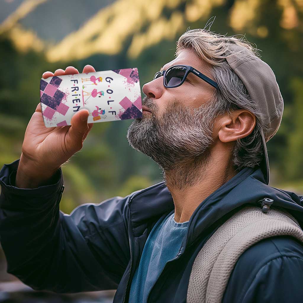 Golf Flamingo Friends 4 in 1 Can Cooler Tumbler Pink Argyle Pattern and Custom Name Text on White and Rose Color Block - Wonder Print Shop