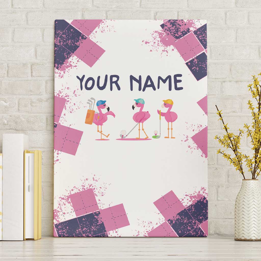Golf Flamingo Friends Canvas Wall Art Pink Argyle Pattern and Custom Name Text on White and Rose Color Block - Wonder Print Shop