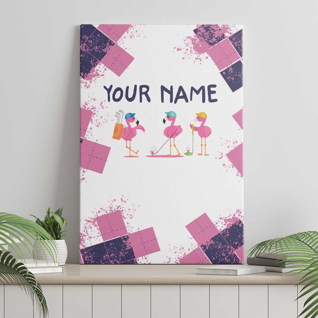 Golf Flamingo Friends Canvas Wall Art Pink Argyle Pattern and Custom Name Text on White and Rose Color Block - Wonder Print Shop