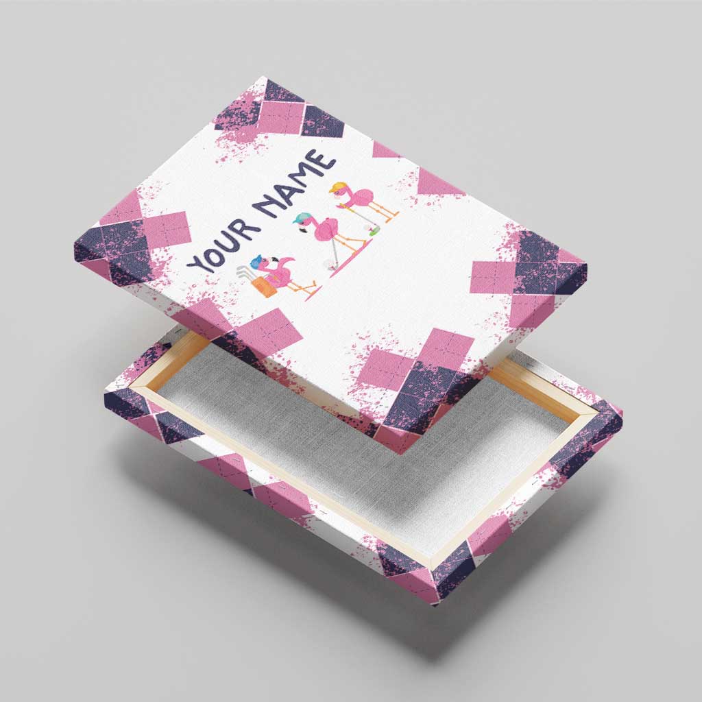 Golf Flamingo Friends Canvas Wall Art Pink Argyle Pattern and Custom Name Text on White and Rose Color Block - Wonder Print Shop