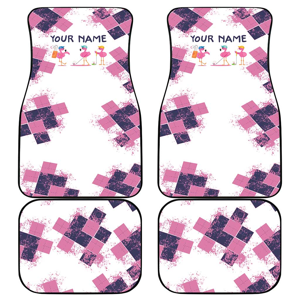 Golf Flamingo Friends Car Mats Pink Argyle Pattern and Custom Name Text on White and Rose Color Block - Wonder Print Shop