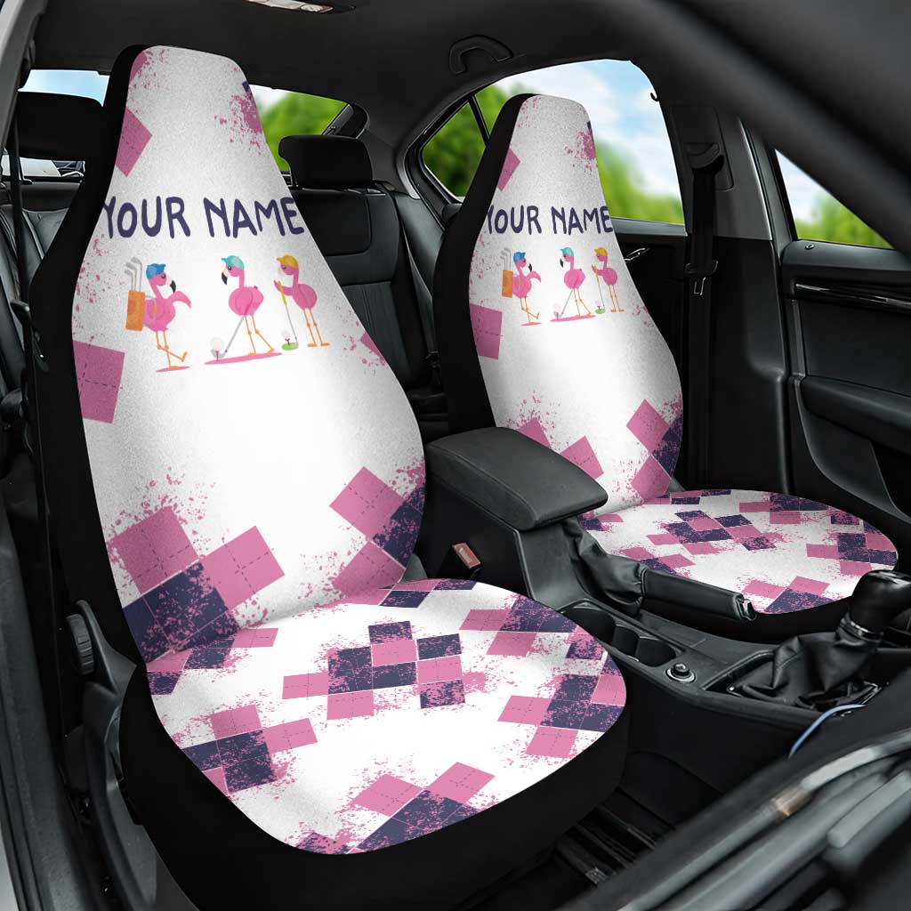 Golf Flamingo Friends Car Seat Cover Pink Argyle Pattern and Custom Name Text on White and Rose Color Block - Wonder Print Shop