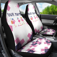 Golf Flamingo Friends Car Seat Cover Pink Argyle Pattern and Custom Name Text on White and Rose Color Block - Wonder Print Shop
