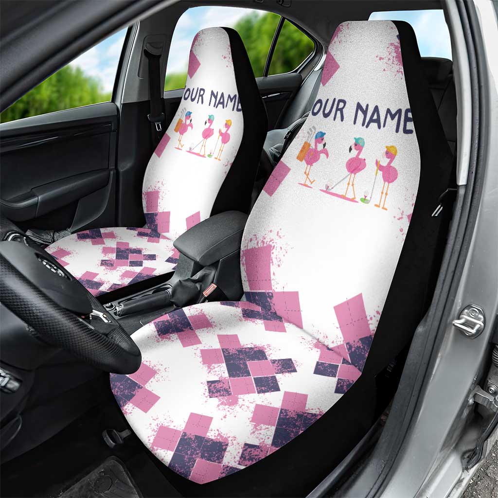 Golf Flamingo Friends Car Seat Cover Pink Argyle Pattern and Custom Name Text on White and Rose Color Block - Wonder Print Shop