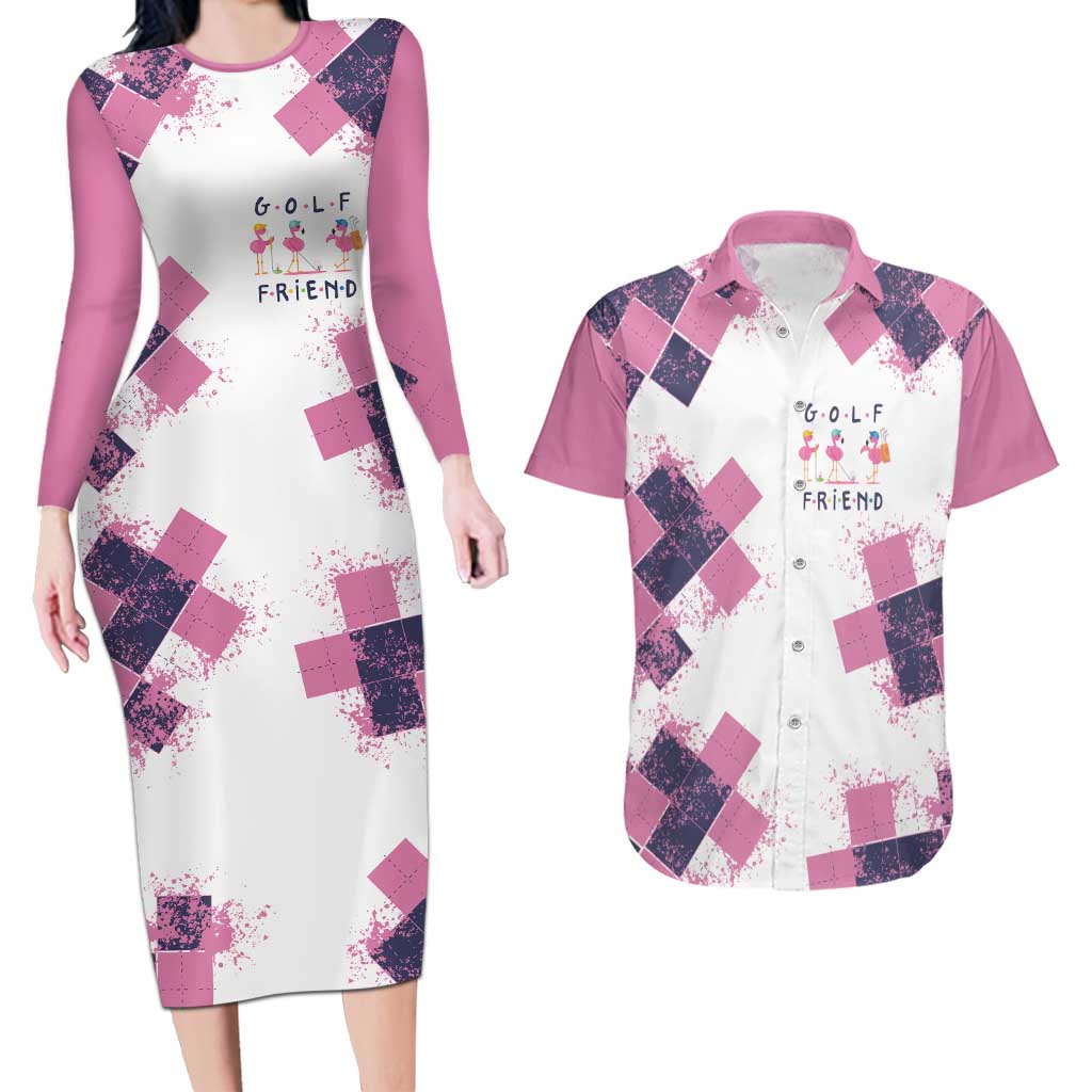 Golf Flamingo Friends Couples Matching Long Sleeve Bodycon Dress and Hawaiian Shirt Pink Argyle Pattern and Custom Name Text on White and Rose Color Block - Wonder Print Shop