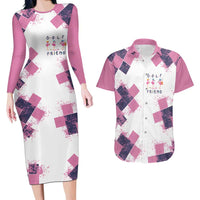 Golf Flamingo Friends Couples Matching Long Sleeve Bodycon Dress and Hawaiian Shirt Pink Argyle Pattern and Custom Name Text on White and Rose Color Block - Wonder Print Shop