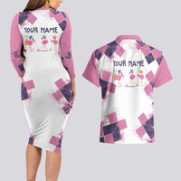Golf Flamingo Friends Couples Matching Long Sleeve Bodycon Dress and Hawaiian Shirt Pink Argyle Pattern and Custom Name Text on White and Rose Color Block - Wonder Print Shop