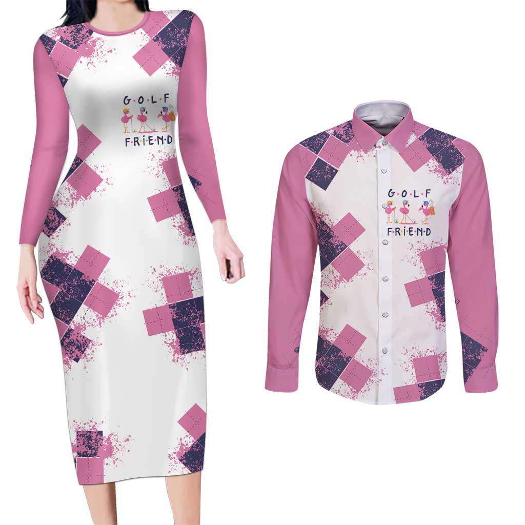 Golf Flamingo Friends Couples Matching Long Sleeve Bodycon Dress and Long Sleeve Button Shirt Pink Argyle Pattern and Custom Name Text on White and Rose Color Block - Wonder Print Shop