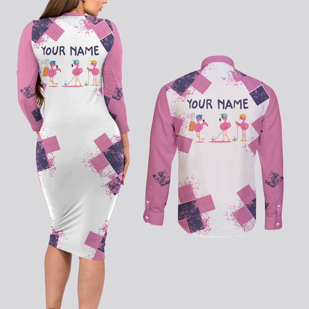 Golf Flamingo Friends Couples Matching Long Sleeve Bodycon Dress and Long Sleeve Button Shirt Pink Argyle Pattern and Custom Name Text on White and Rose Color Block - Wonder Print Shop
