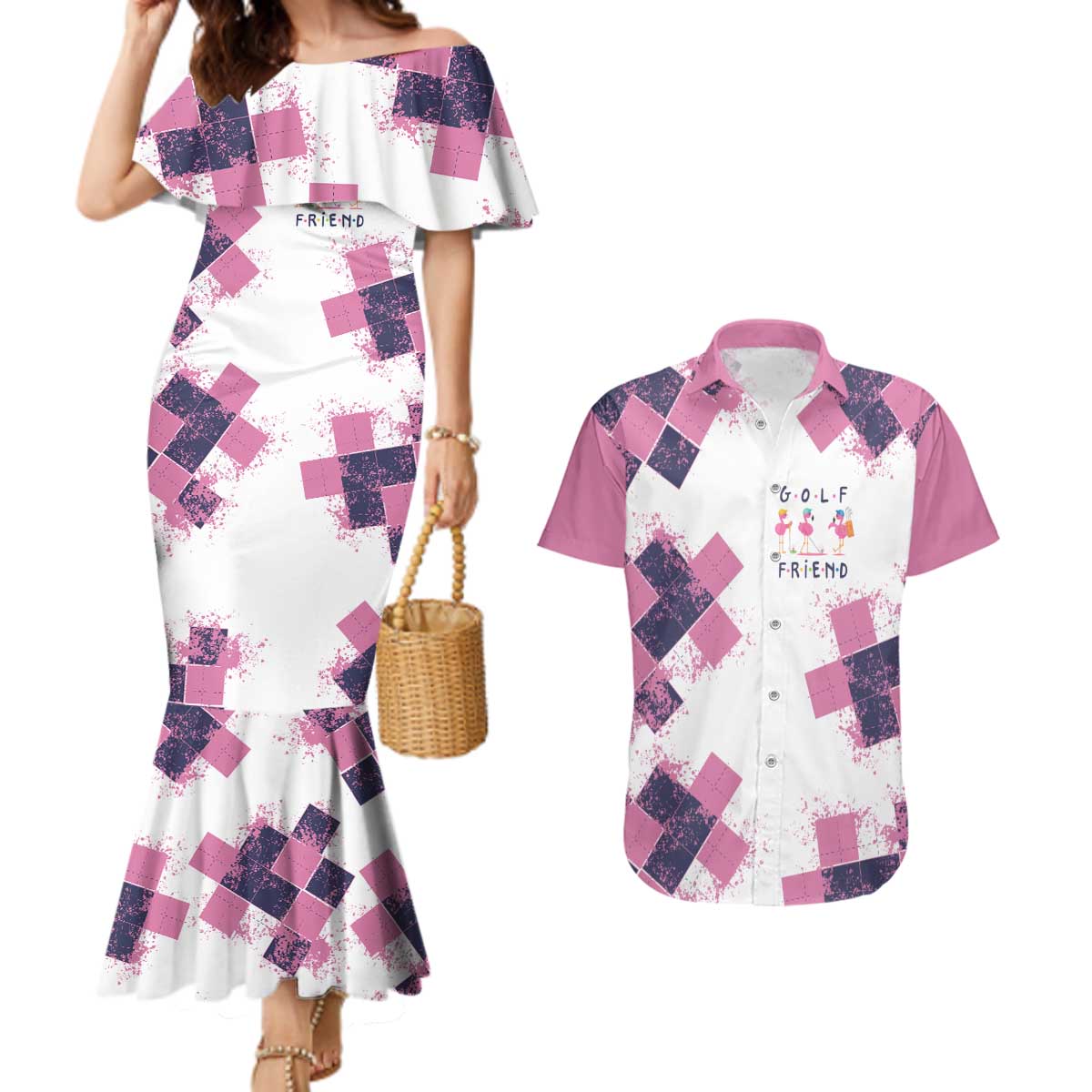 Golf Flamingo Friends Couples Matching Mermaid Dress and Hawaiian Shirt Pink Argyle Pattern and Custom Name Text on White and Rose Color Block - Wonder Print Shop