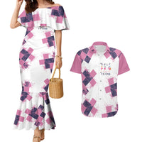Golf Flamingo Friends Couples Matching Mermaid Dress and Hawaiian Shirt Pink Argyle Pattern and Custom Name Text on White and Rose Color Block - Wonder Print Shop