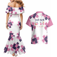 Golf Flamingo Friends Couples Matching Mermaid Dress and Hawaiian Shirt Pink Argyle Pattern and Custom Name Text on White and Rose Color Block - Wonder Print Shop