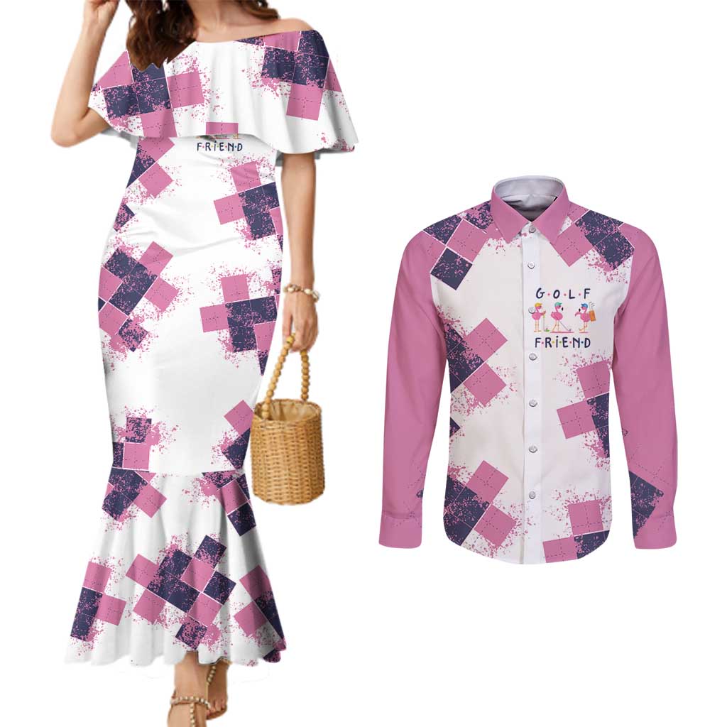 Golf Flamingo Friends Couples Matching Mermaid Dress and Long Sleeve Button Shirt Pink Argyle Pattern and Custom Name Text on White and Rose Color Block - Wonder Print Shop