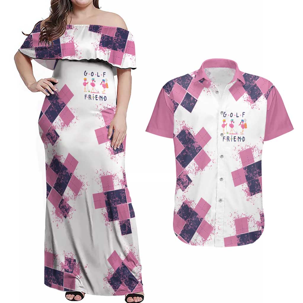 Golf Flamingo Friends Couples Matching Off Shoulder Maxi Dress and Hawaiian Shirt Pink Argyle Pattern and Custom Name Text on White and Rose Color Block - Wonder Print Shop