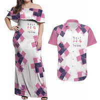 Golf Flamingo Friends Couples Matching Off Shoulder Maxi Dress and Hawaiian Shirt Pink Argyle Pattern and Custom Name Text on White and Rose Color Block - Wonder Print Shop