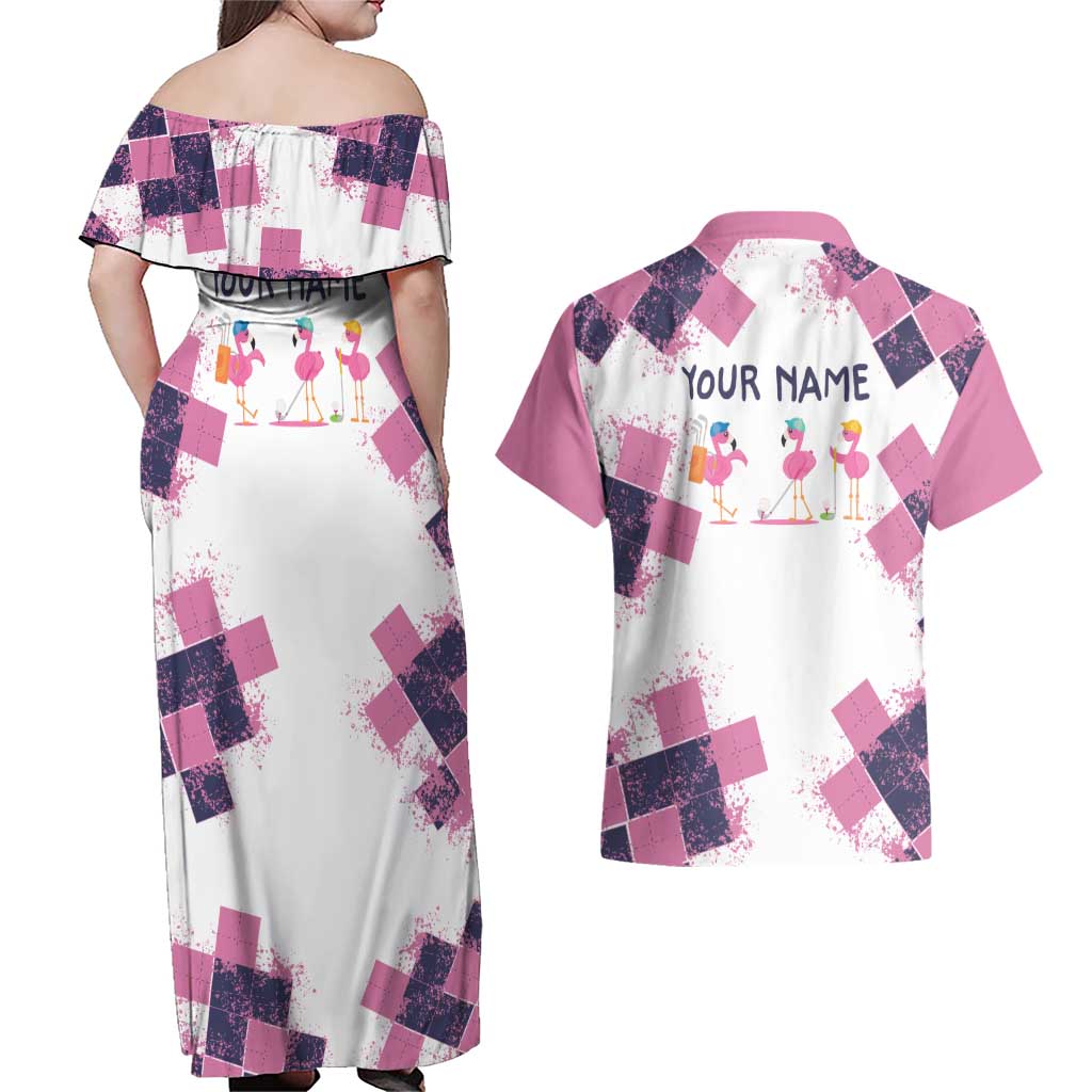 Golf Flamingo Friends Couples Matching Off Shoulder Maxi Dress and Hawaiian Shirt Pink Argyle Pattern and Custom Name Text on White and Rose Color Block - Wonder Print Shop