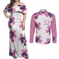 Golf Flamingo Friends Couples Matching Off Shoulder Maxi Dress and Long Sleeve Button Shirt Pink Argyle Pattern and Custom Name Text on White and Rose Color Block - Wonder Print Shop