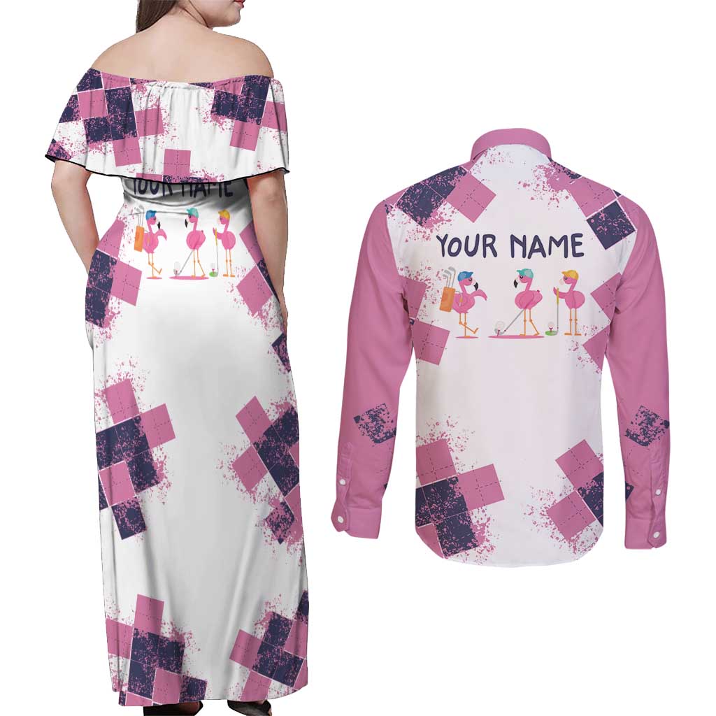 Golf Flamingo Friends Couples Matching Off Shoulder Maxi Dress and Long Sleeve Button Shirt Pink Argyle Pattern and Custom Name Text on White and Rose Color Block - Wonder Print Shop