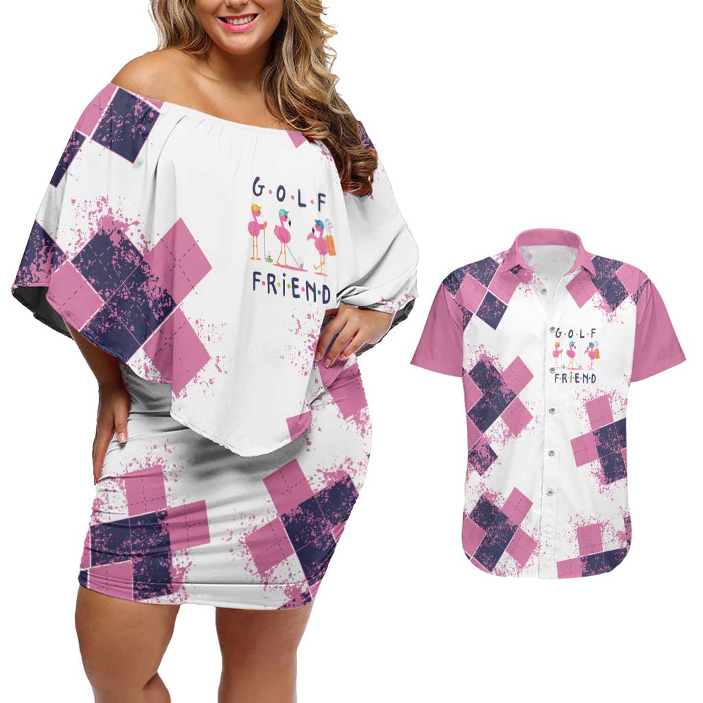 Golf Flamingo Friends Couples Matching Off Shoulder Short Dress and Hawaiian Shirt Pink Argyle Pattern and Custom Name Text on White and Rose Color Block - Wonder Print Shop