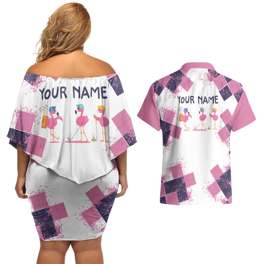 Golf Flamingo Friends Couples Matching Off Shoulder Short Dress and Hawaiian Shirt Pink Argyle Pattern and Custom Name Text on White and Rose Color Block - Wonder Print Shop