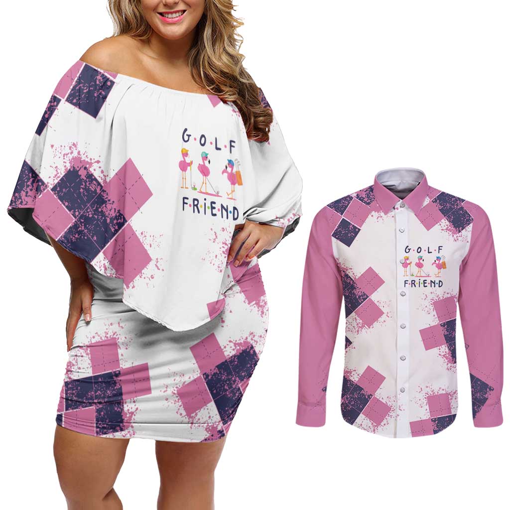 Golf Flamingo Friends Couples Matching Off Shoulder Short Dress and Long Sleeve Button Shirt Pink Argyle Pattern and Custom Name Text on White and Rose Color Block - Wonder Print Shop
