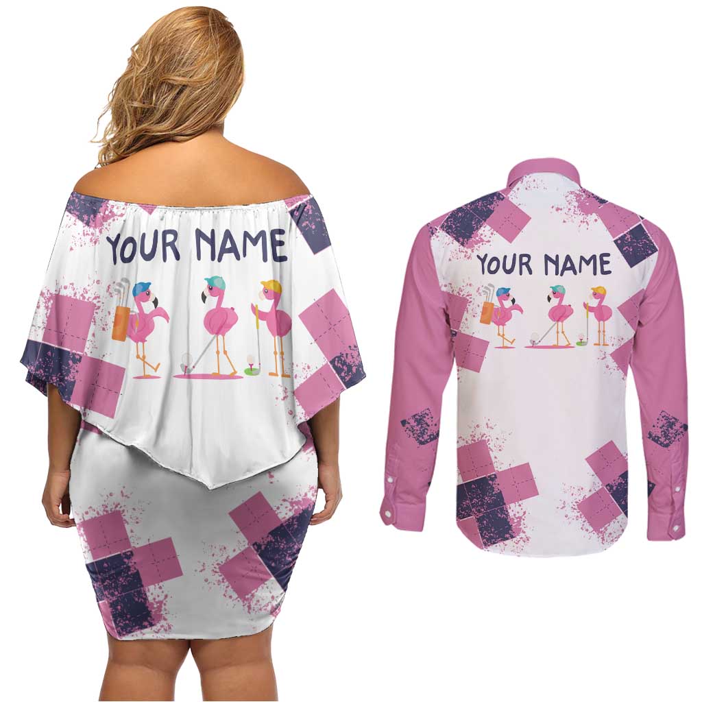 Golf Flamingo Friends Couples Matching Off Shoulder Short Dress and Long Sleeve Button Shirt Pink Argyle Pattern and Custom Name Text on White and Rose Color Block - Wonder Print Shop