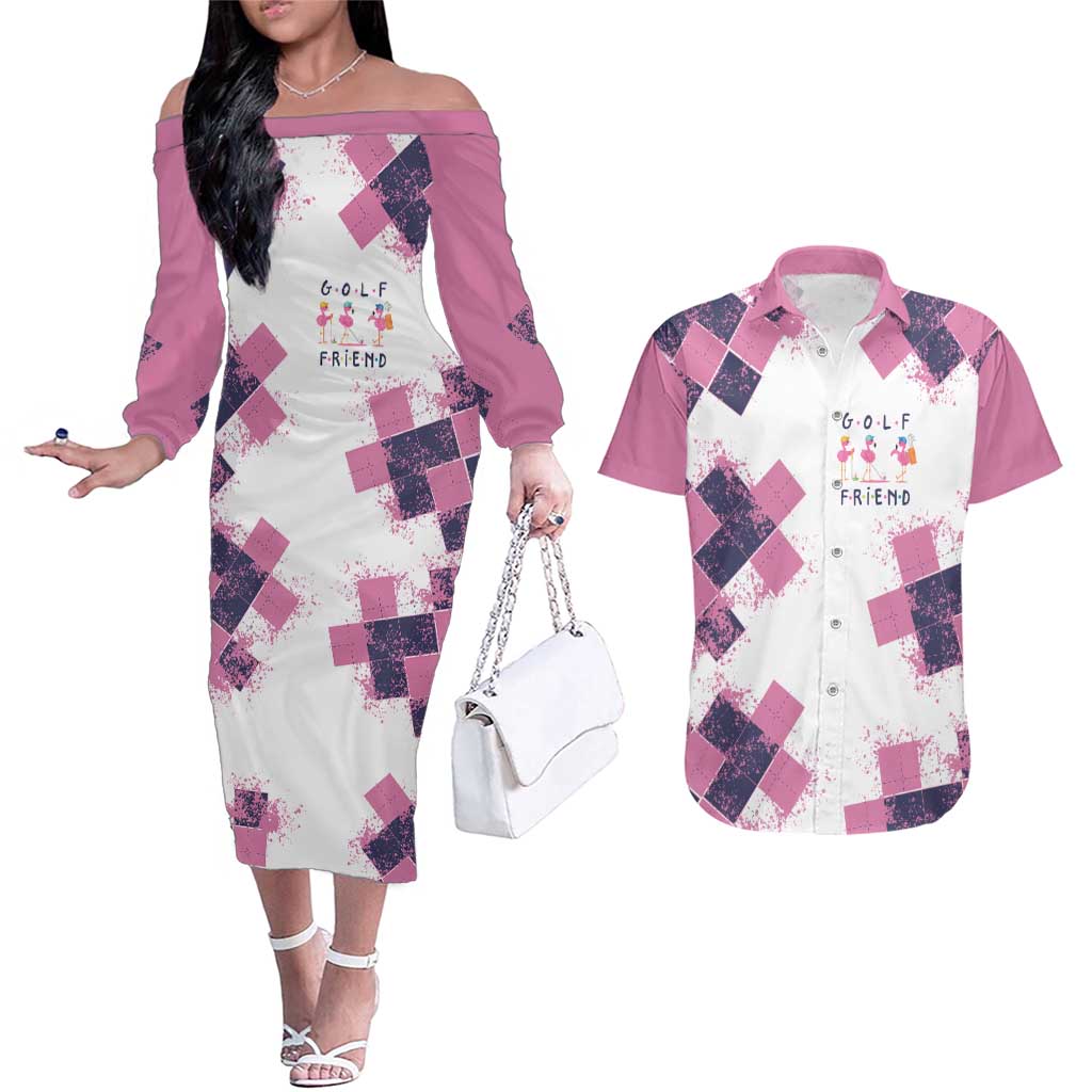 Golf Flamingo Friends Couples Matching Off The Shoulder Long Sleeve Dress and Hawaiian Shirt Pink Argyle Pattern and Custom Name Text on White and Rose Color Block - Wonder Print Shop