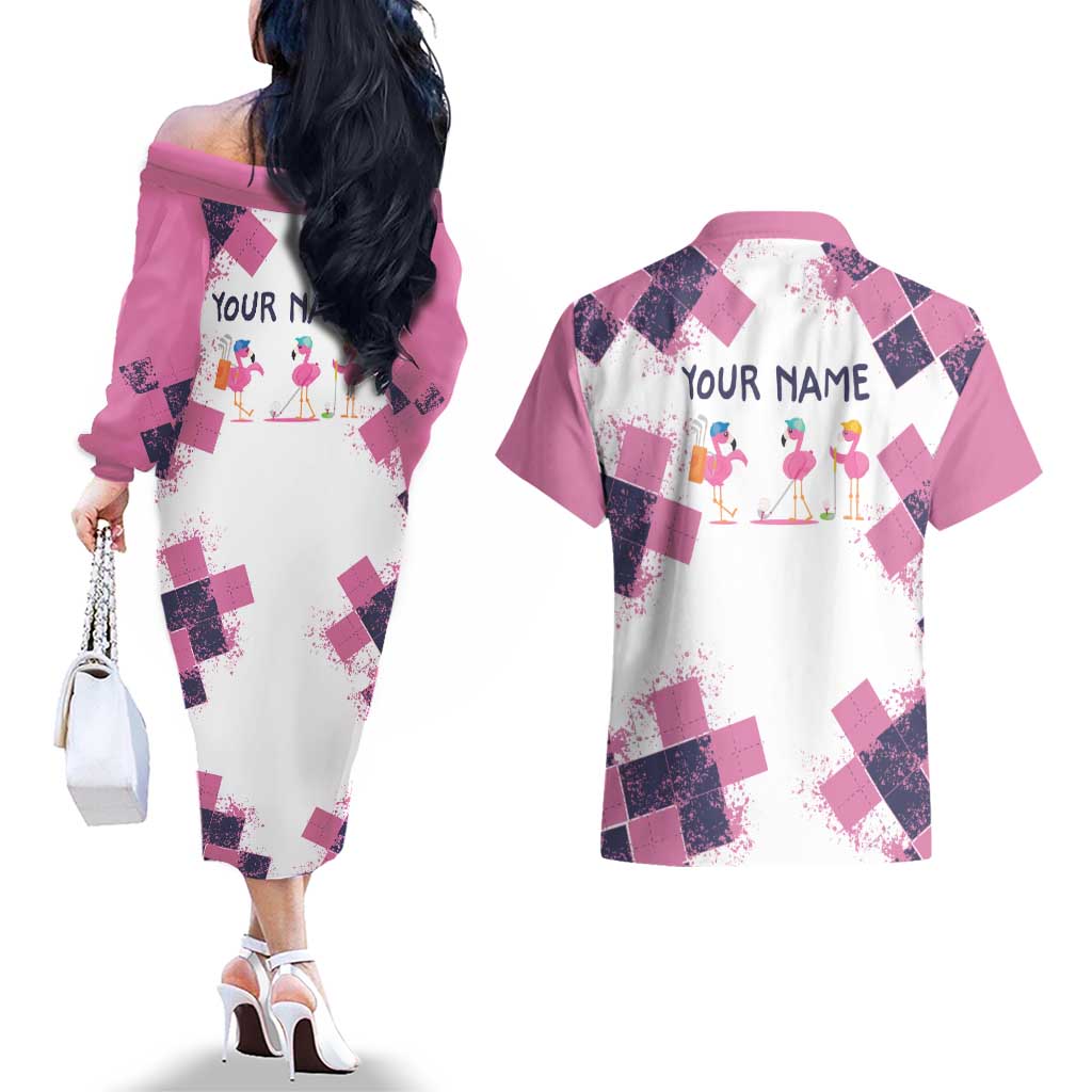 Golf Flamingo Friends Couples Matching Off The Shoulder Long Sleeve Dress and Hawaiian Shirt Pink Argyle Pattern and Custom Name Text on White and Rose Color Block - Wonder Print Shop